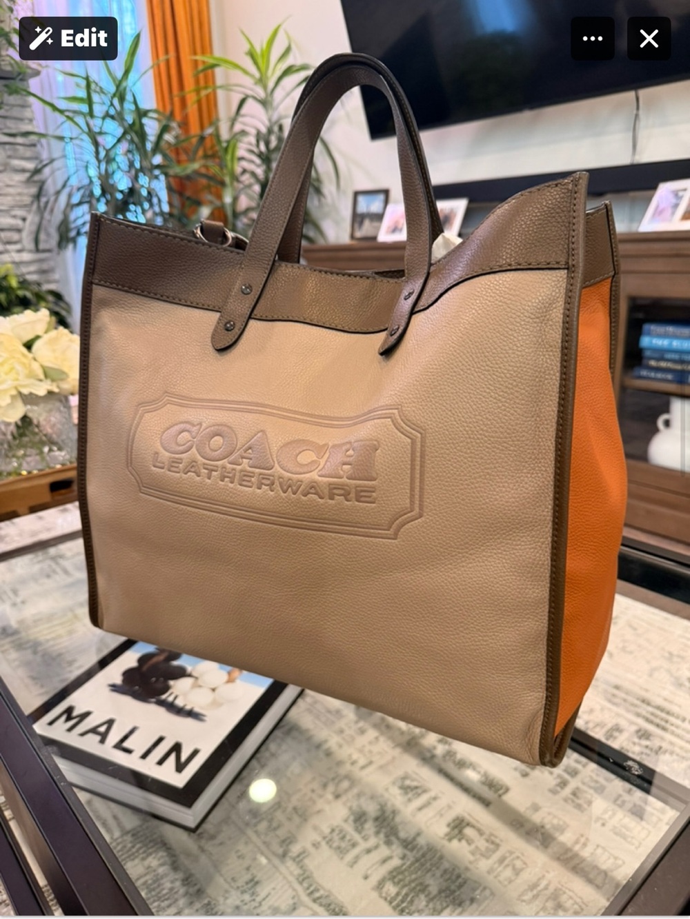 Coach Field tote 40 -Two-Tone Pebbled Leather Tote in Taupe, Orange & Dark Brown
